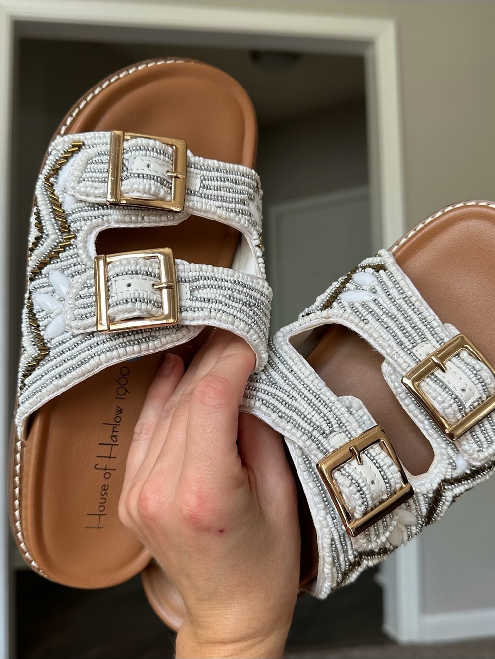 House of Harlow 1960 White Beaded Double-Buckle Slide Sandals Women’s US 6.5 - Picture 9 of 14